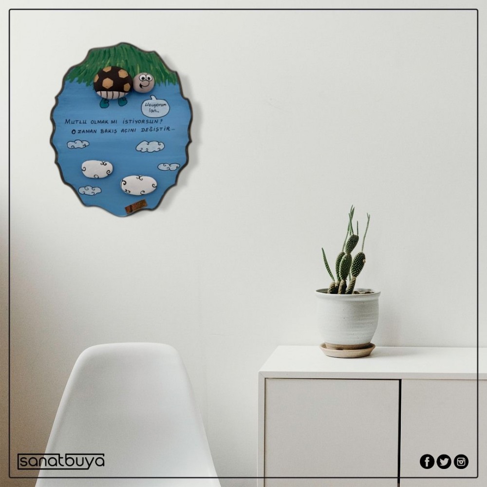 Oval Ahşap Taş Tablo Orta Boy Kaplumbağa Karikatür