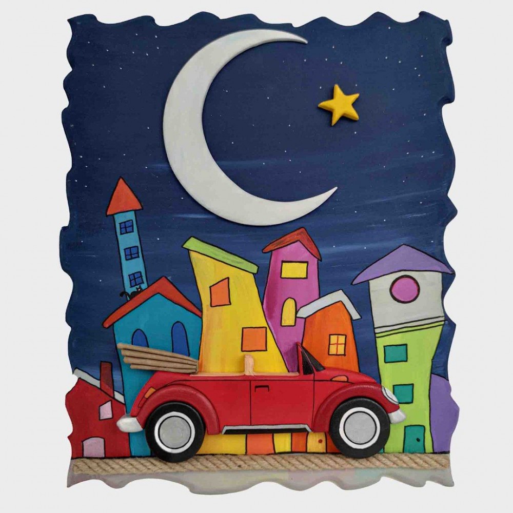 3 Boyutlu Gece Evleri Ahşap Araba Tablosu (Kırmızı Cabrio) 