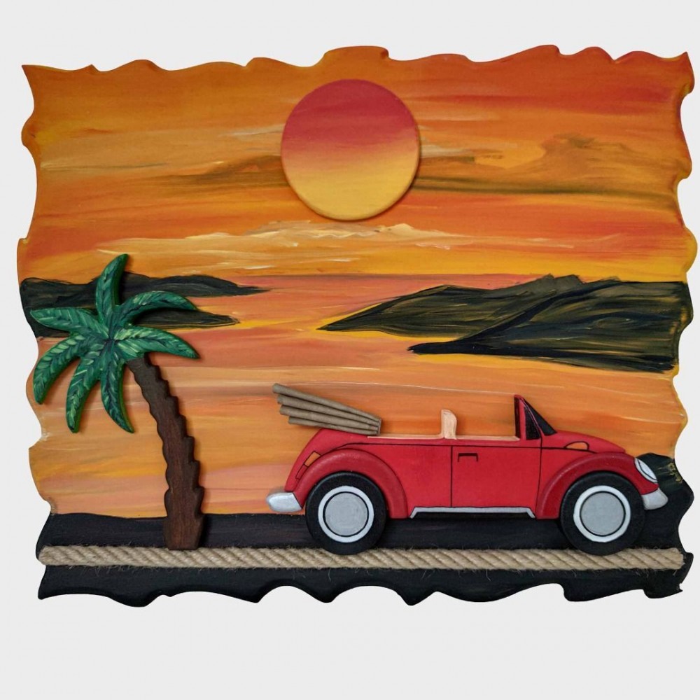 3 Boyutlu Günbatımı Ahşap Araba Tablosu (Kırmızı Cabrio) 