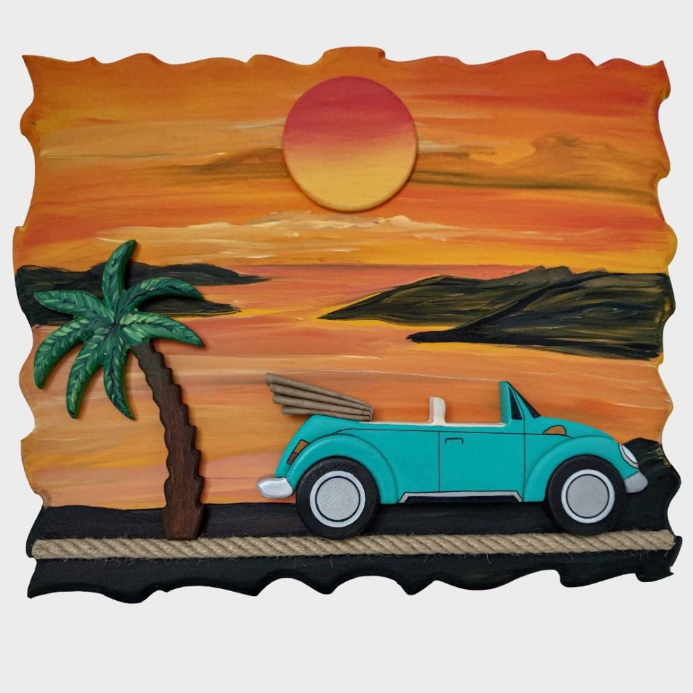 3 Boyutlu Günbatımı Ahşap Araba Tablosu (Su Yeşili Cabrio) 