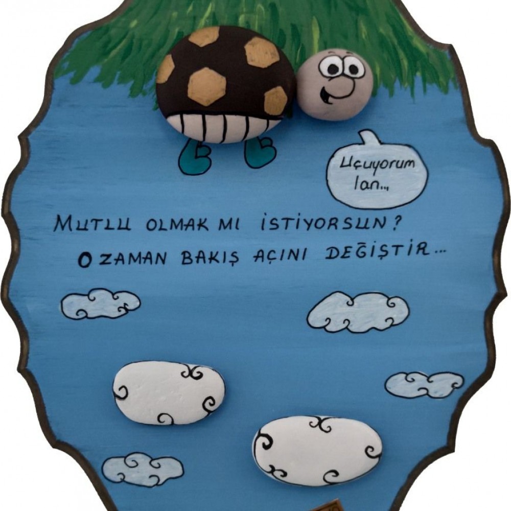 Oval Ahşap Taş Tablo Orta Boy Kaplumbağa Karikatür
