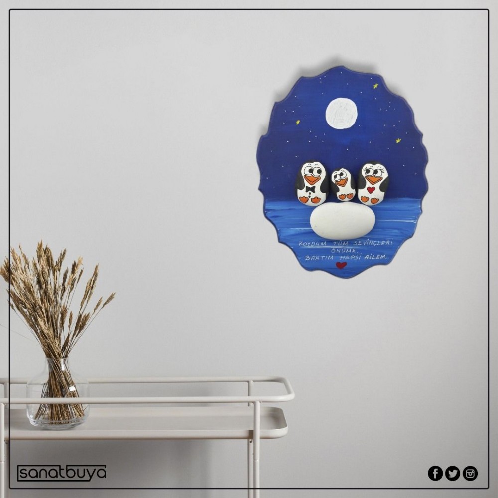 Oval Ahşap Taş Tablo Orta Boy 3lü Aile Penguen Oval Ahşap Taş Tablo Orta Boy 3lü Aile Penguen