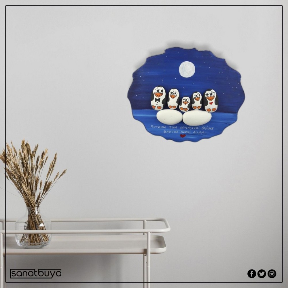 Oval Ahşap Taş Tablo Orta Boy 5li Aile Penguen